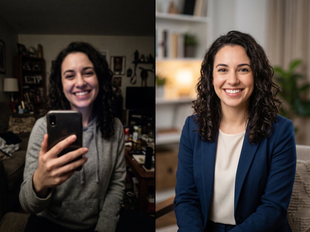 השוואה ויזואלית בין סלפי מטושטש ולא מקצועי לבין תמונת פרופיל מקצועית ואיכותית המדגישה את ההבדל בנראות.